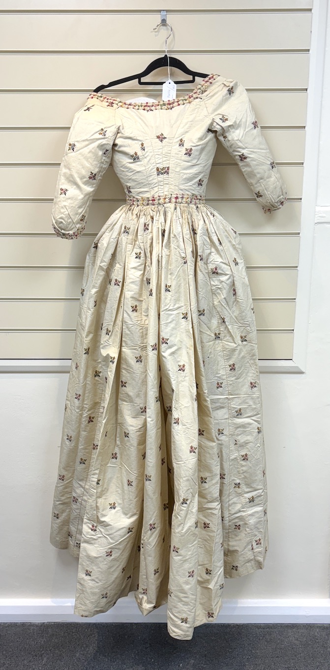 A rare 18th century, possibly Spitalfields, cream silk ladies dress, circa 1770-1780, made in the English style